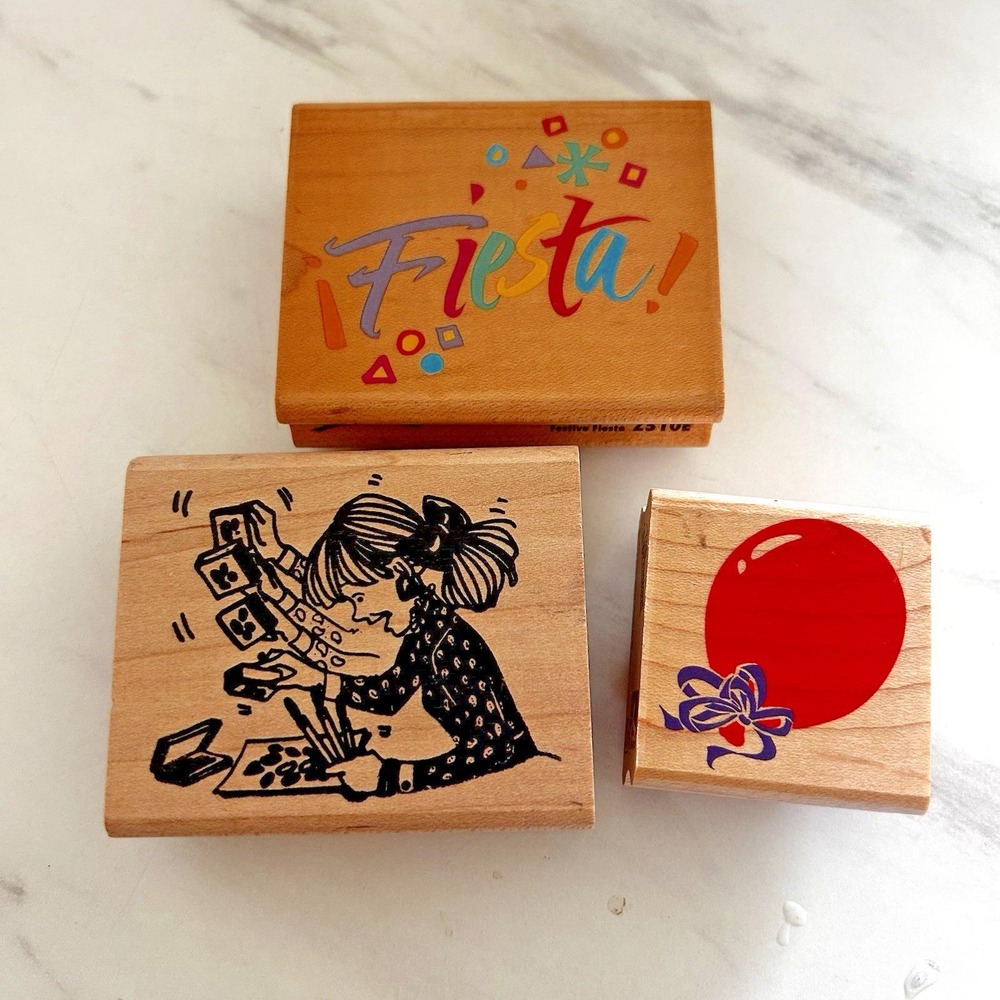 Lot of 3 Posh Impressions Rubber Stamps Girl Painter Fiesta Balloon w/ Bow FFF-H